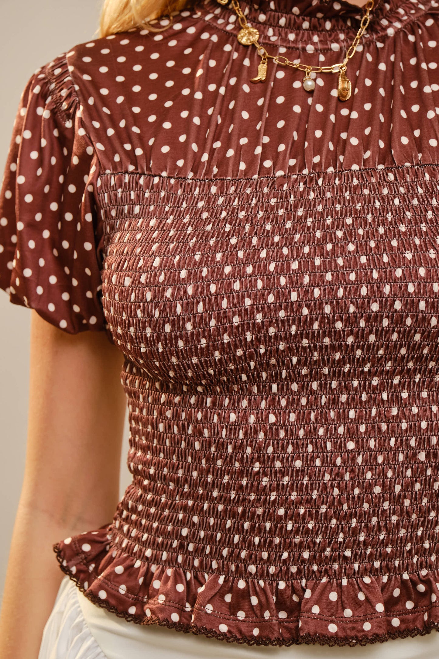 Polka Dot Smocked Mock Neck Top