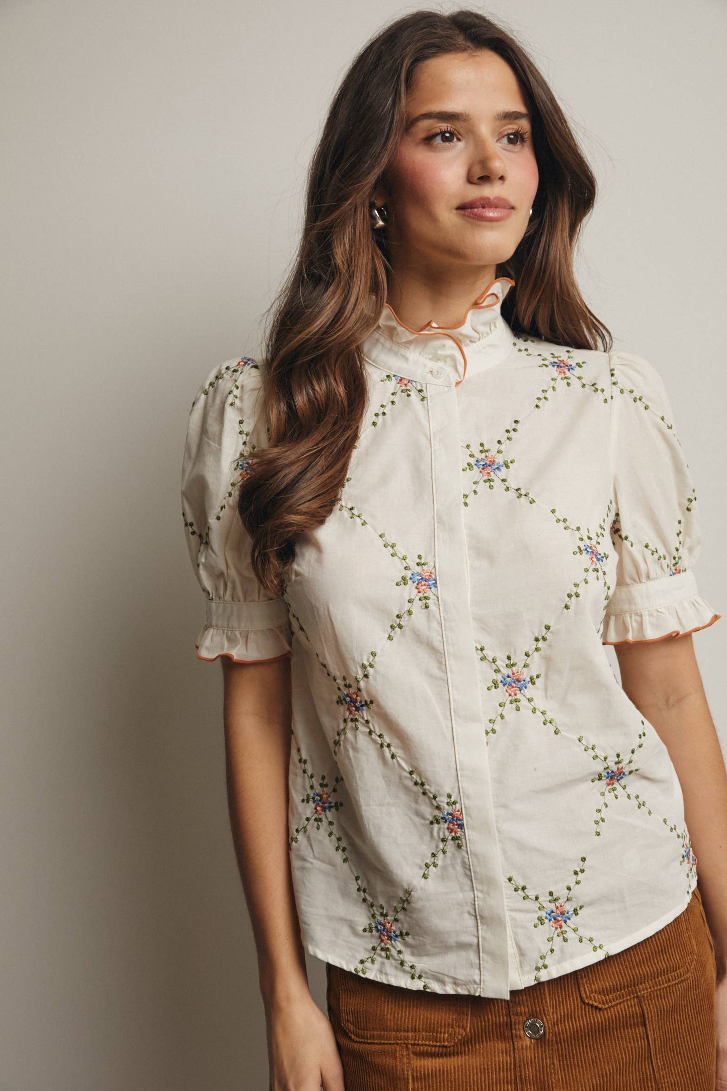 Embroidered Ruffle Collar Cotton Blouse- preorder