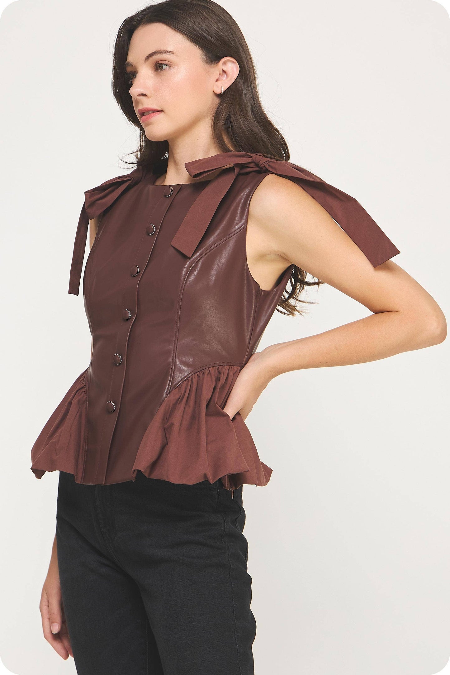 Button Down Detail Faux Leather Bubble Top