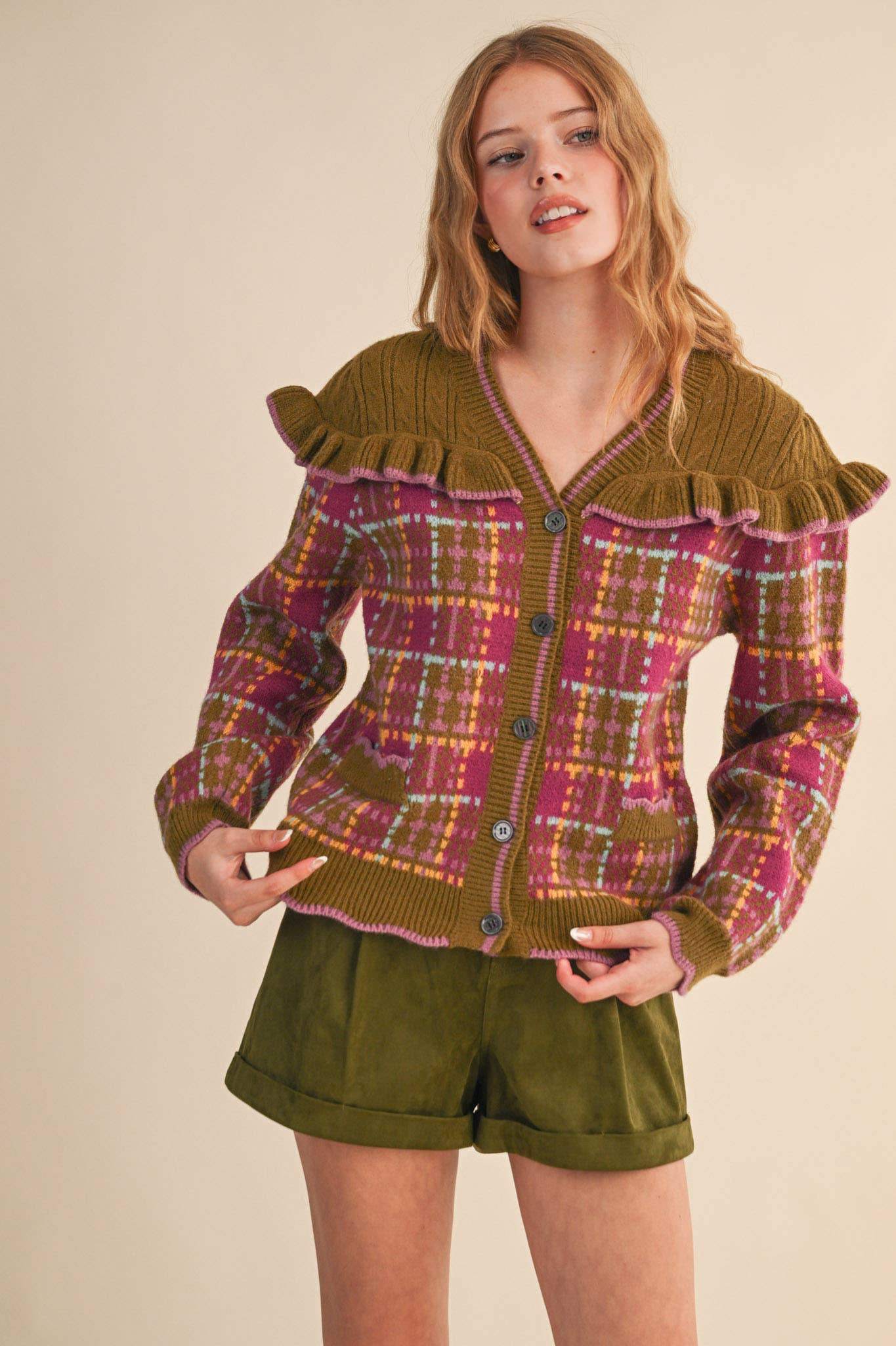 RUFFLED YOKE PLAID SWEATER CARDIGAN- Preorder