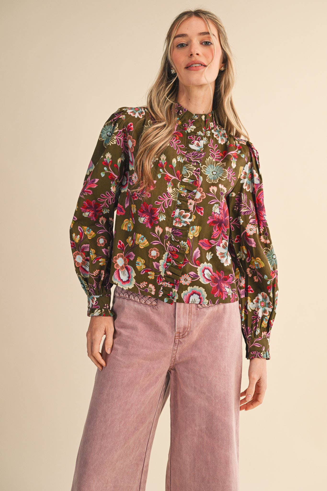 EXCLUSIVE FLORAL PRINT RUFFLED BUTTON DOWN TOP