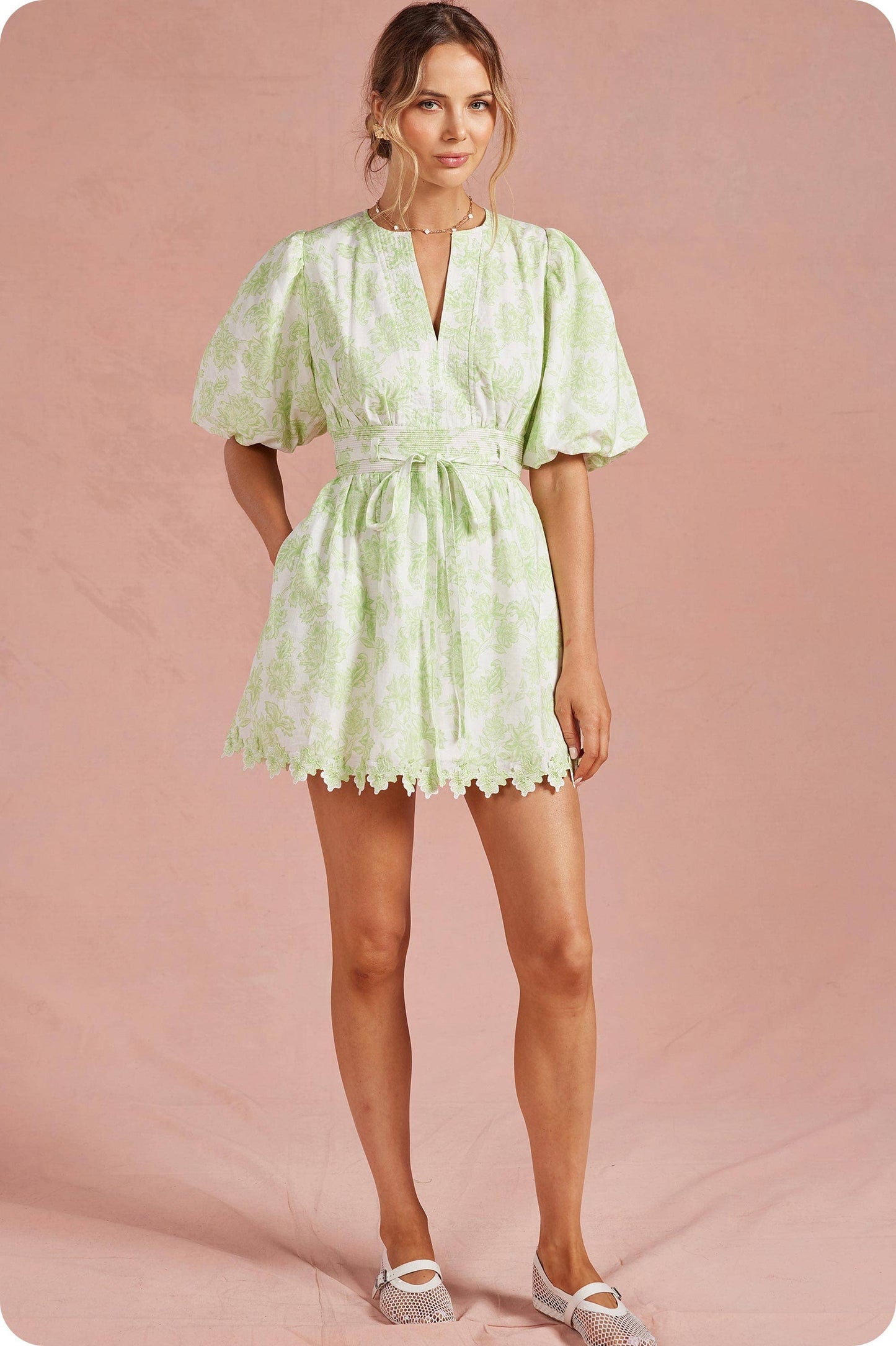 Botanical Garden Scallop Lace Puff Mini Dress