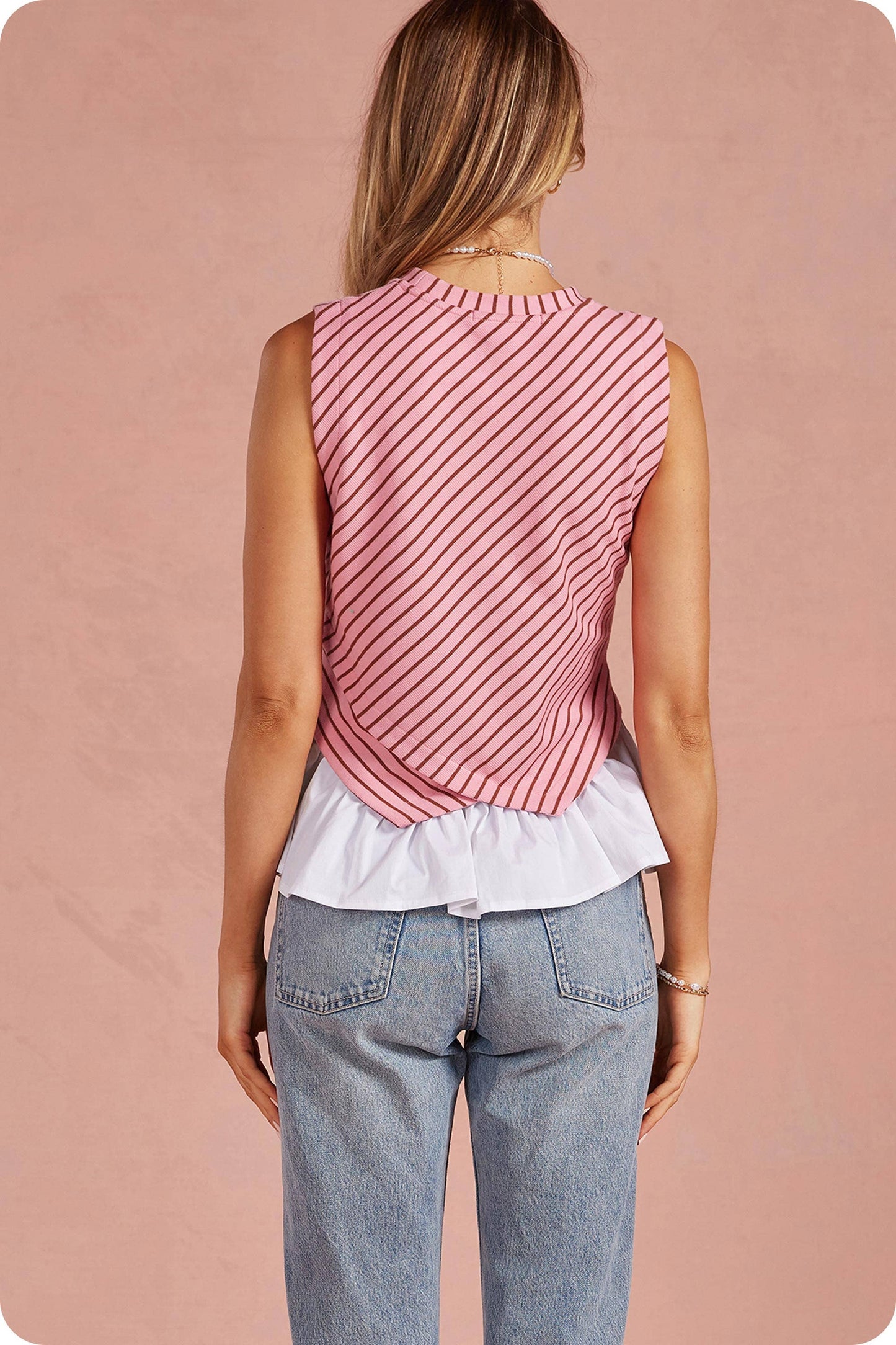 Wrap-Over Mixed Media Sleeveless Striped Knit Top