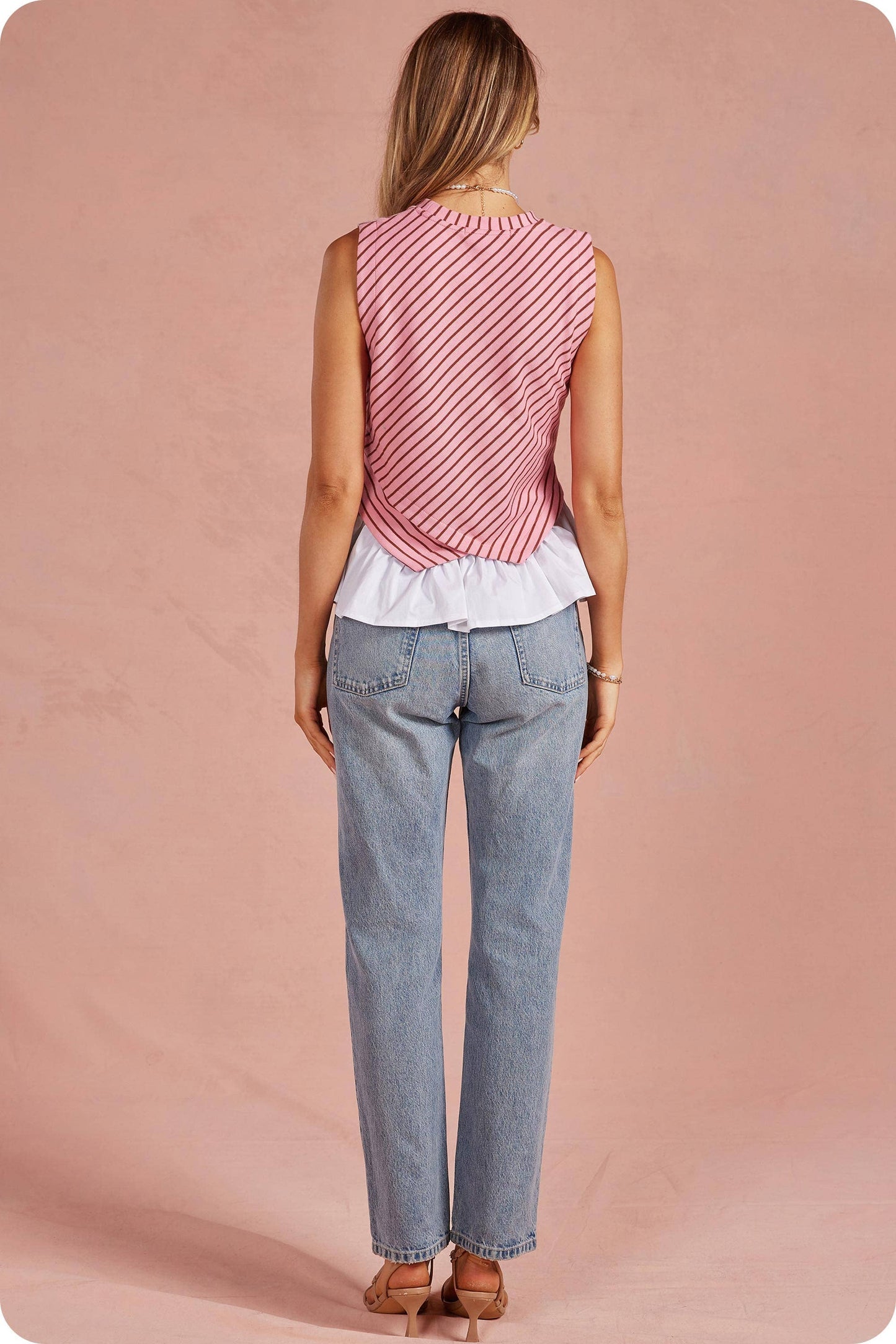 Wrap-Over Mixed Media Sleeveless Striped Knit Top