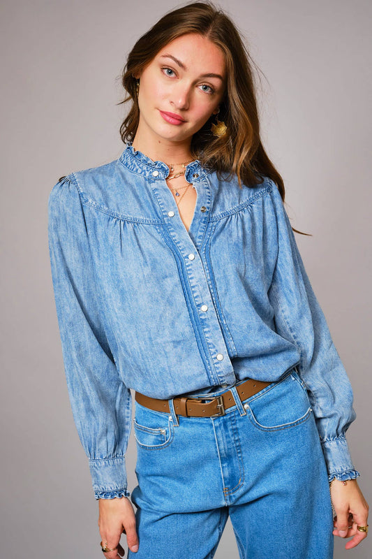 - Ruffle Neck Denim Snap Button Shirt