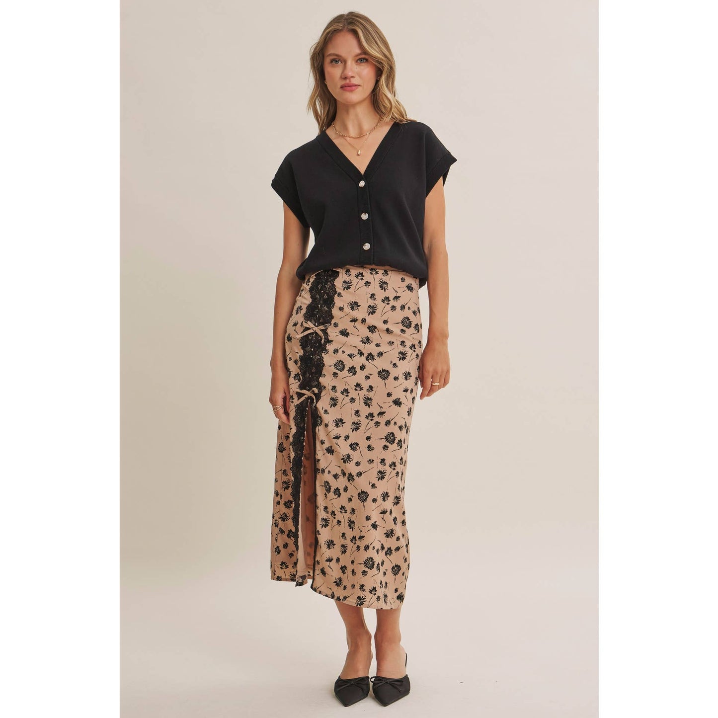 PARIS FLORAL LACE MIDI SLIP SKIRT