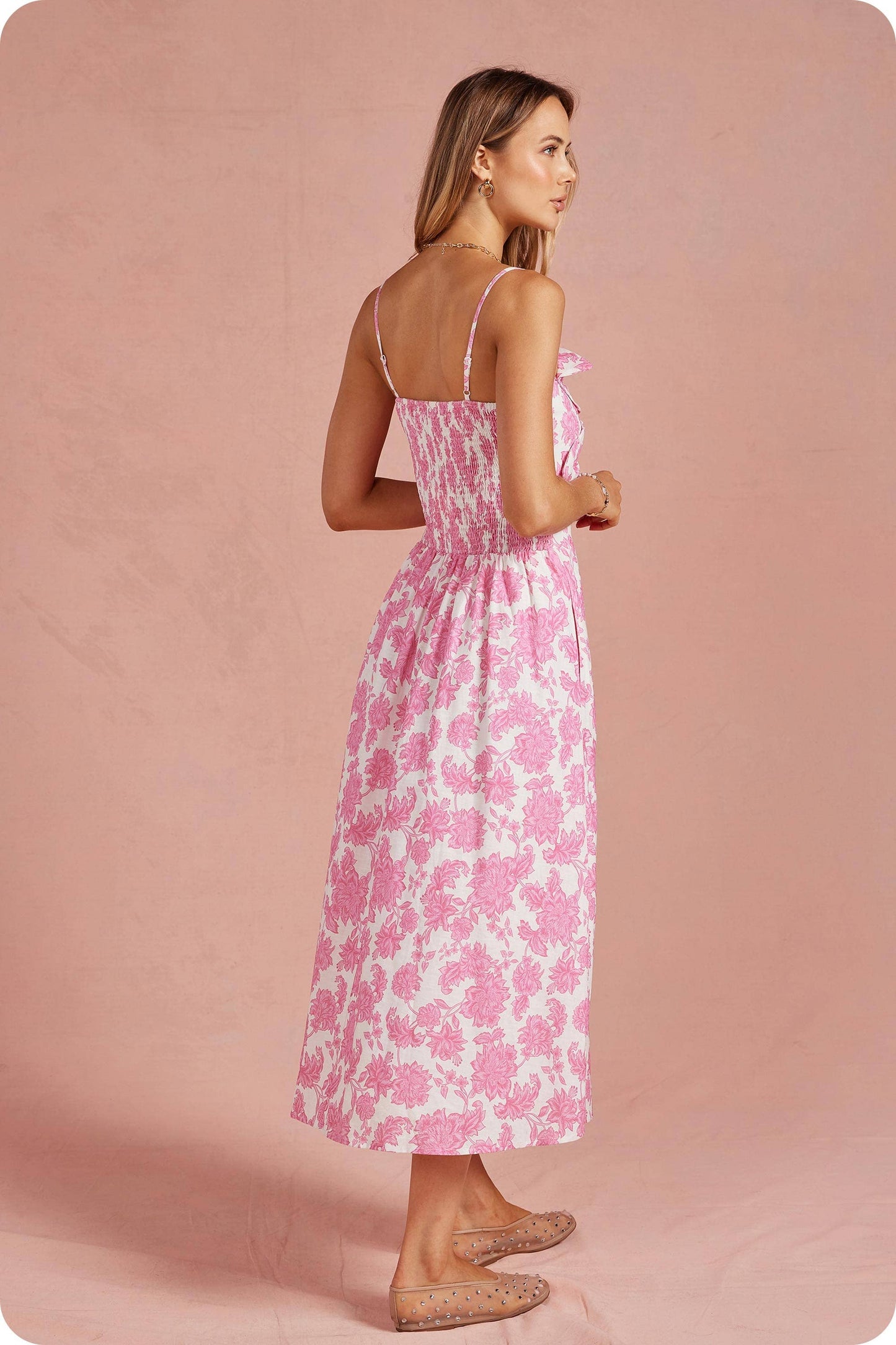 Botanical Garden Bow Flower Sleeveless Midi Dress