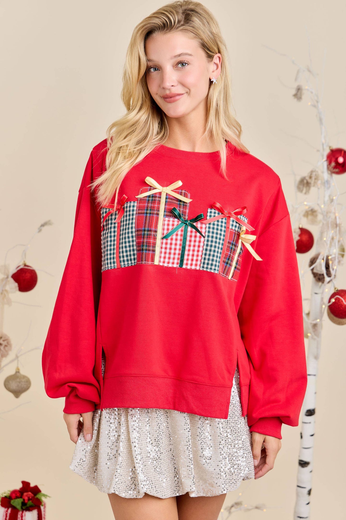 Christmas Sweatshirt Featuring Patchwork Gift box