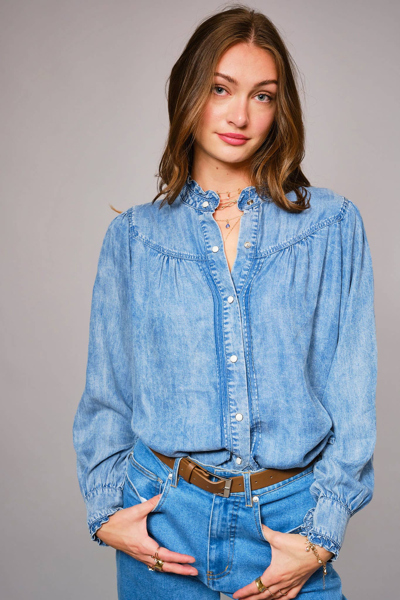 - Ruffle Neck Denim Snap Button Shirt