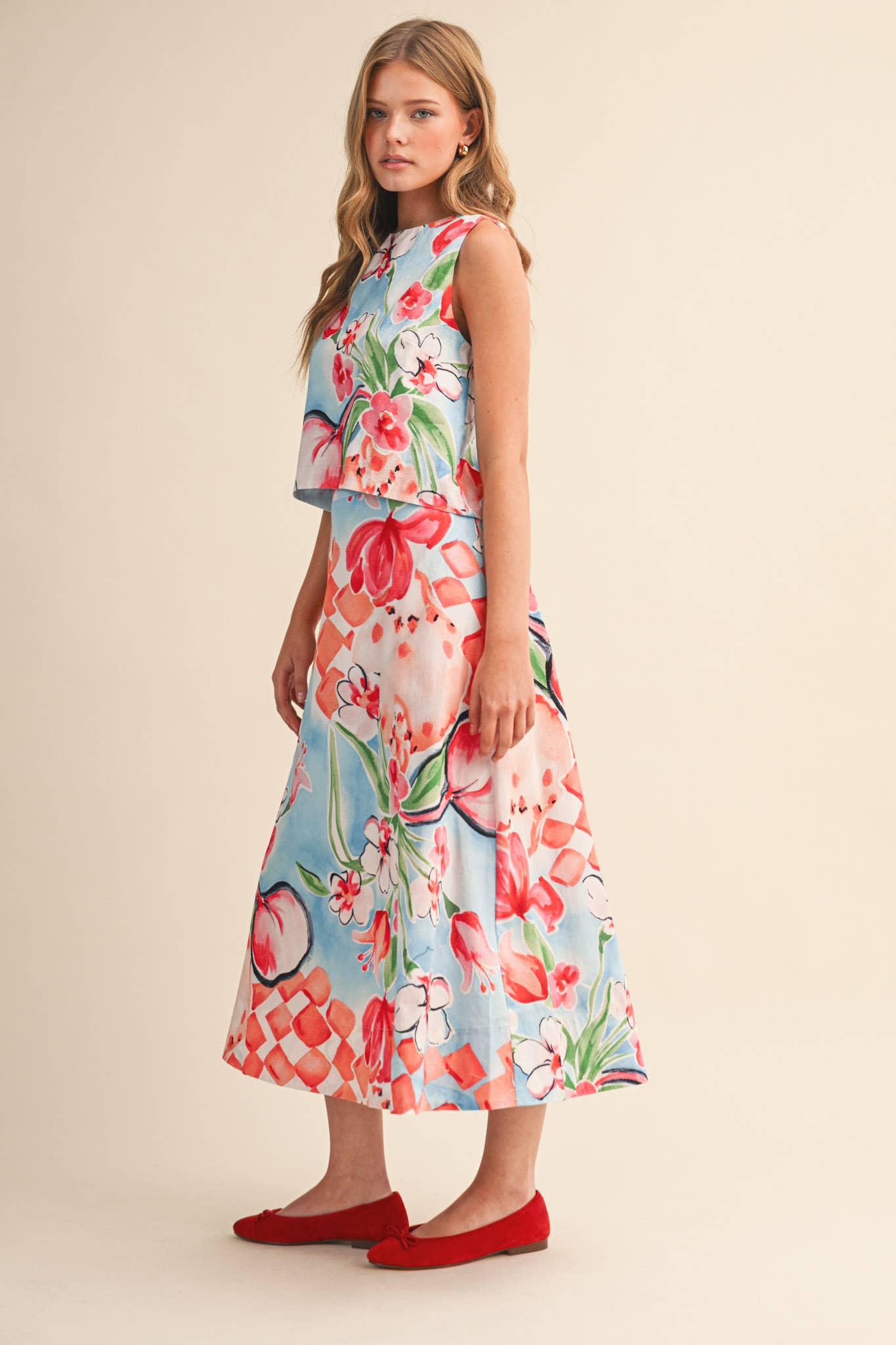 EXCLUSIVE FLORAL PRINT CROP TANK AND MIDI SKIRT SET MPST4719