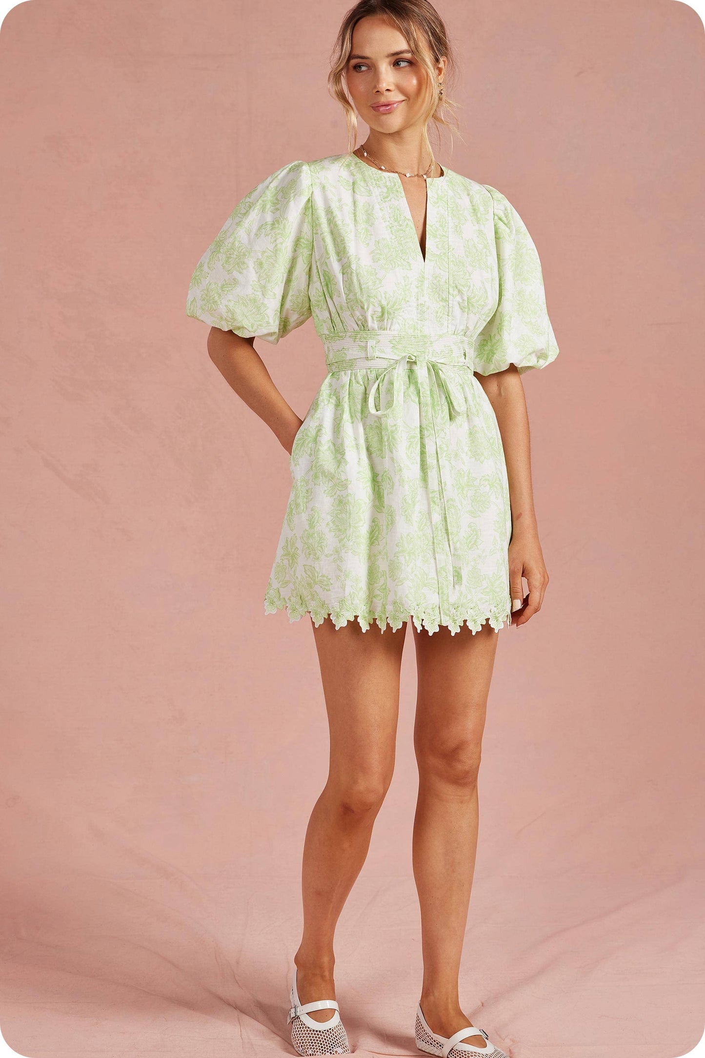 Botanical Garden Scallop Lace Puff Mini Dress
