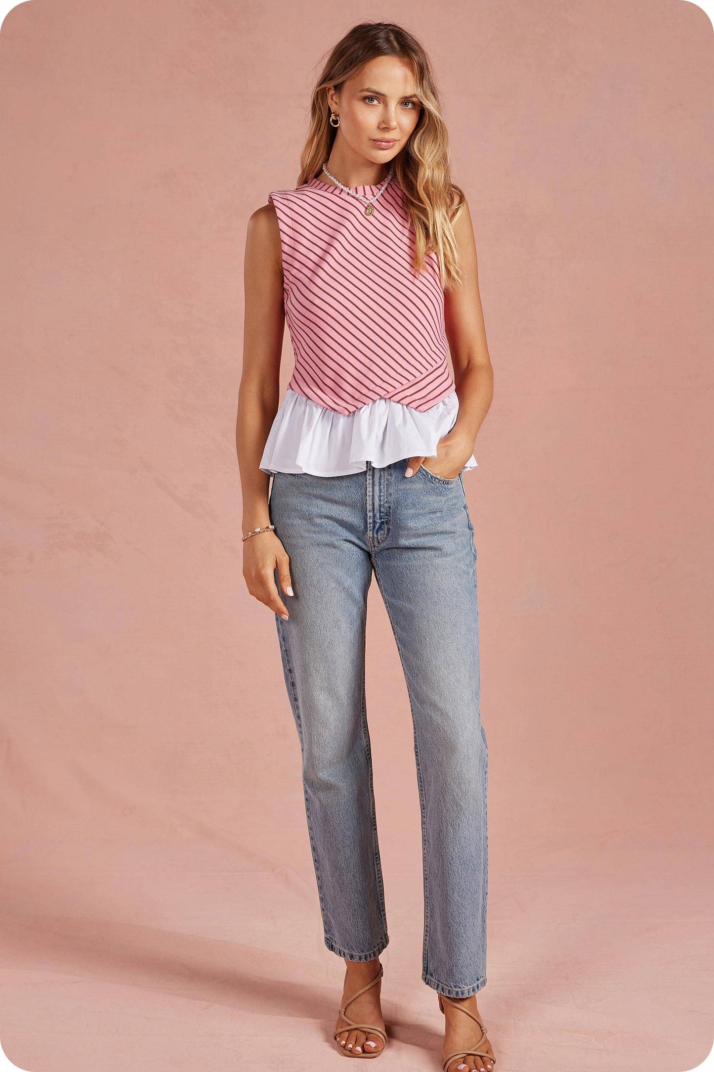 Wrap-Over Mixed Media Sleeveless Striped Knit Top