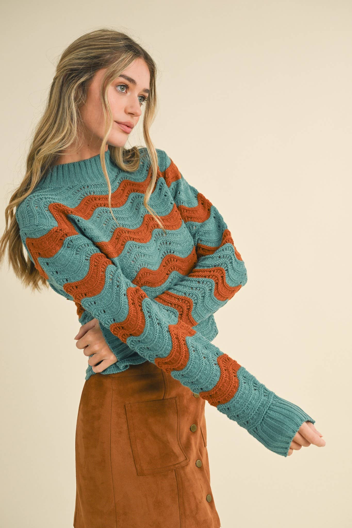 WAVE PATTERN POINTELLE SWEATER
