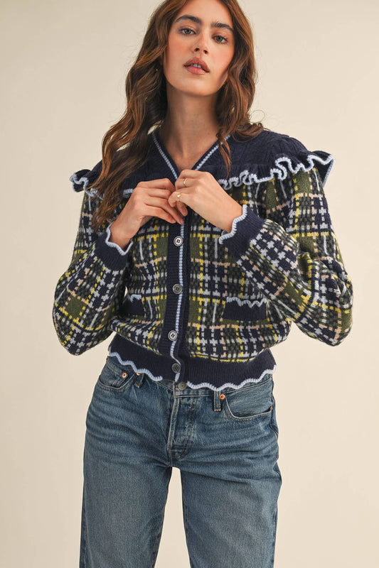 RUFFLED YOKE PLAID SWEATER CARDIGAN- Preorder