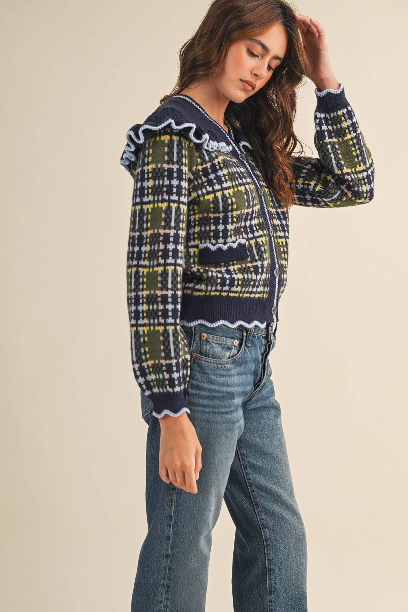 RUFFLED YOKE PLAID SWEATER CARDIGAN- Preorder