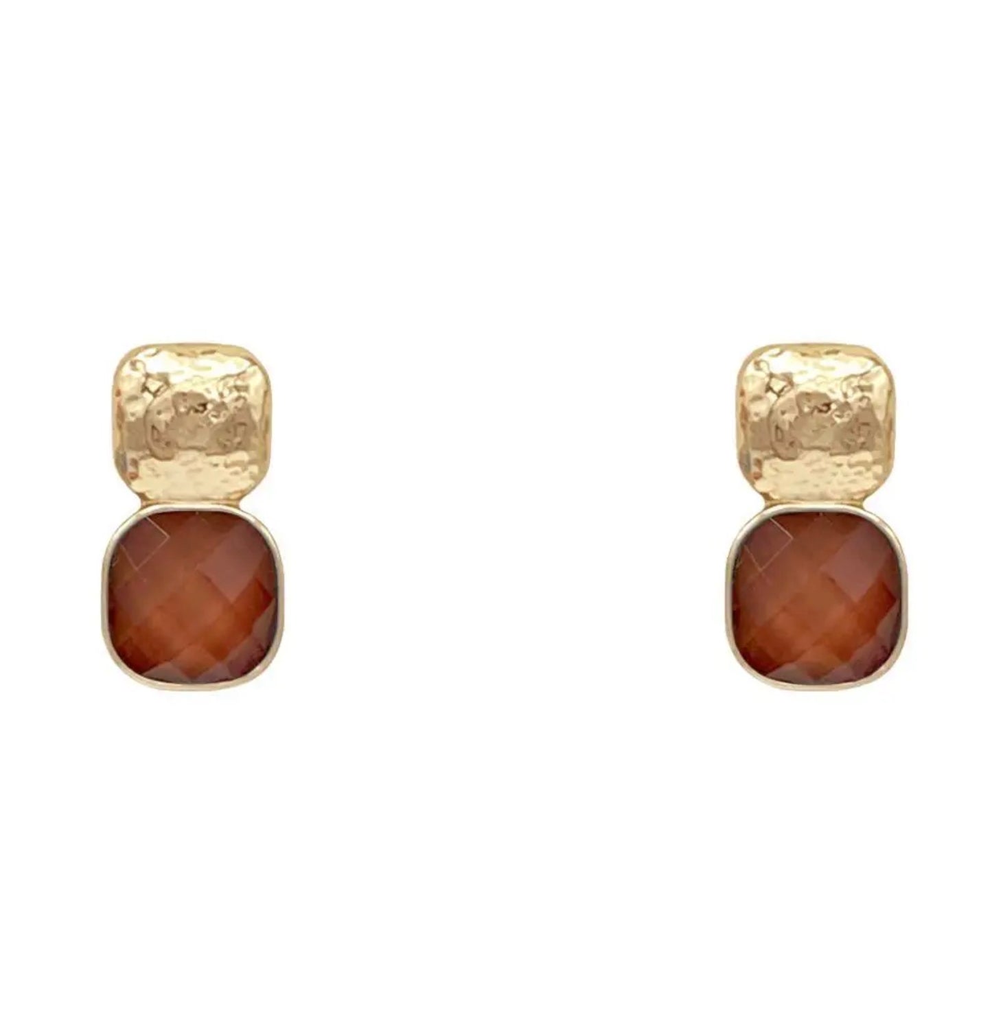 Hammered Metal Square Stone Earring