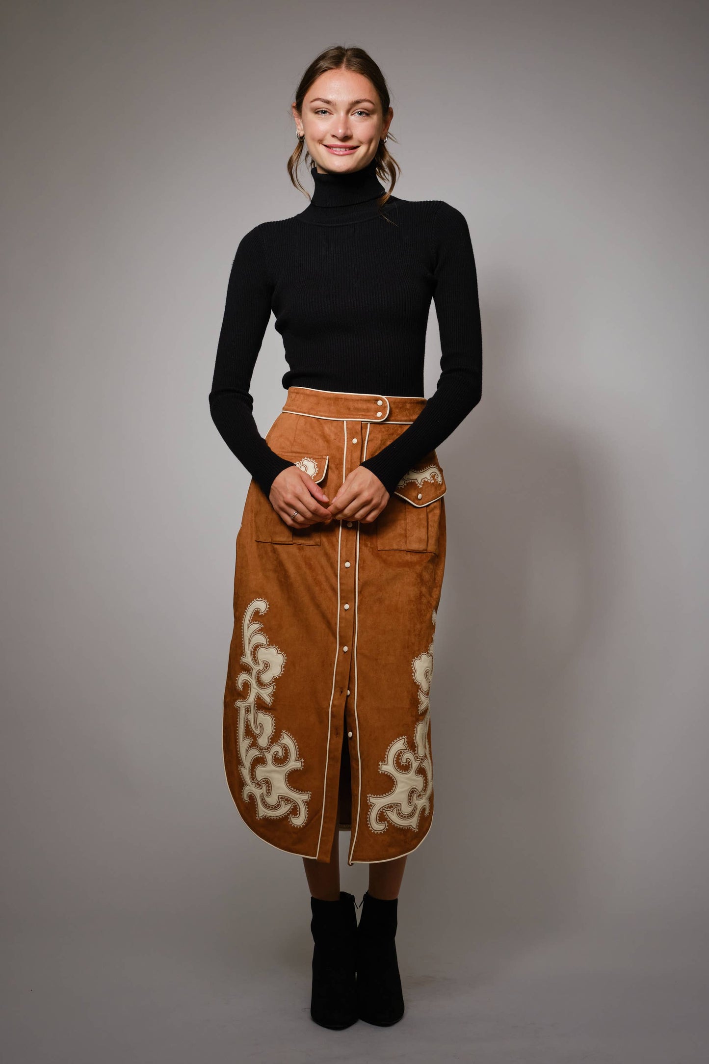 Suede Patch Midi Skirt