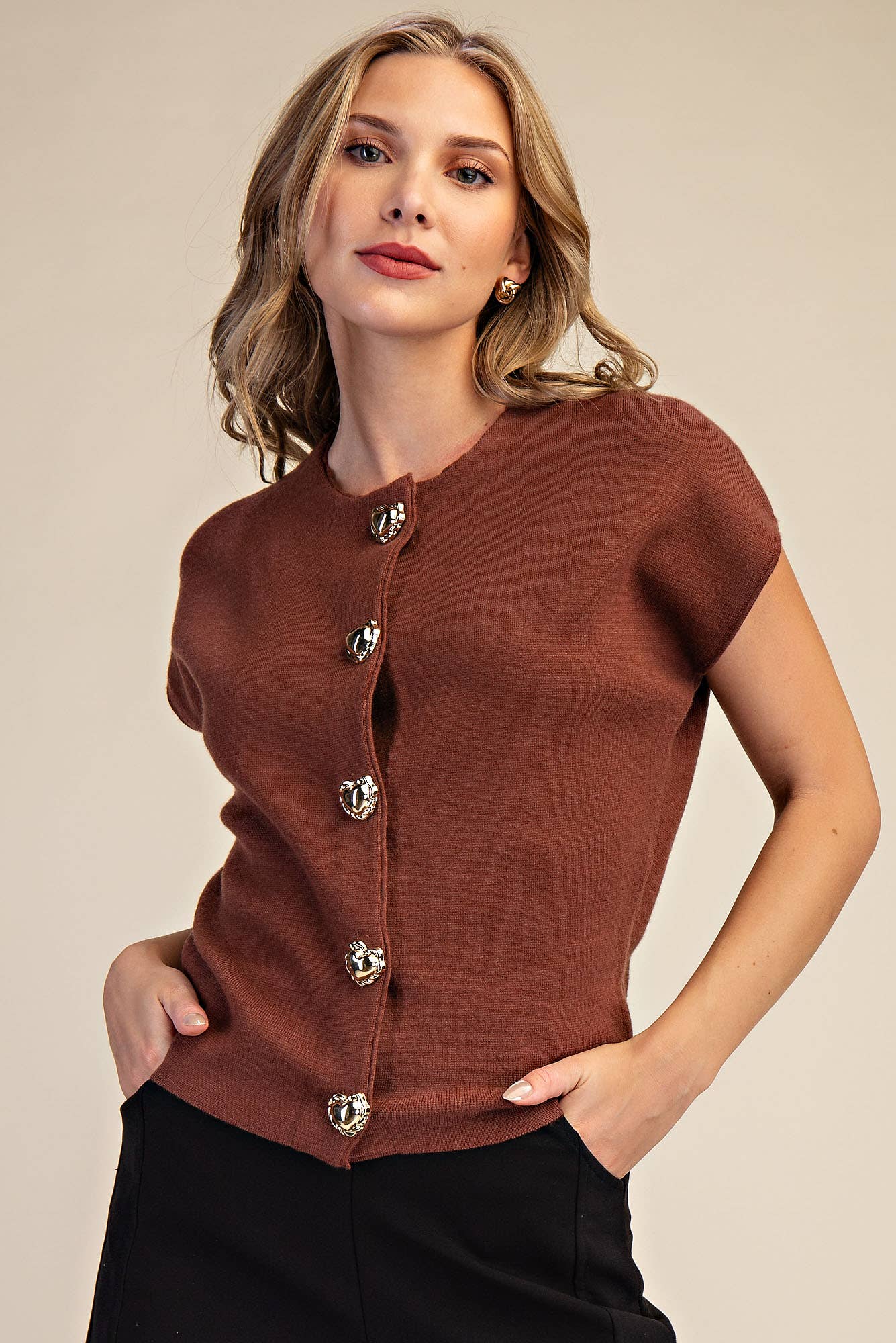 Dropped Shoulder Heart Button Detail Sweater