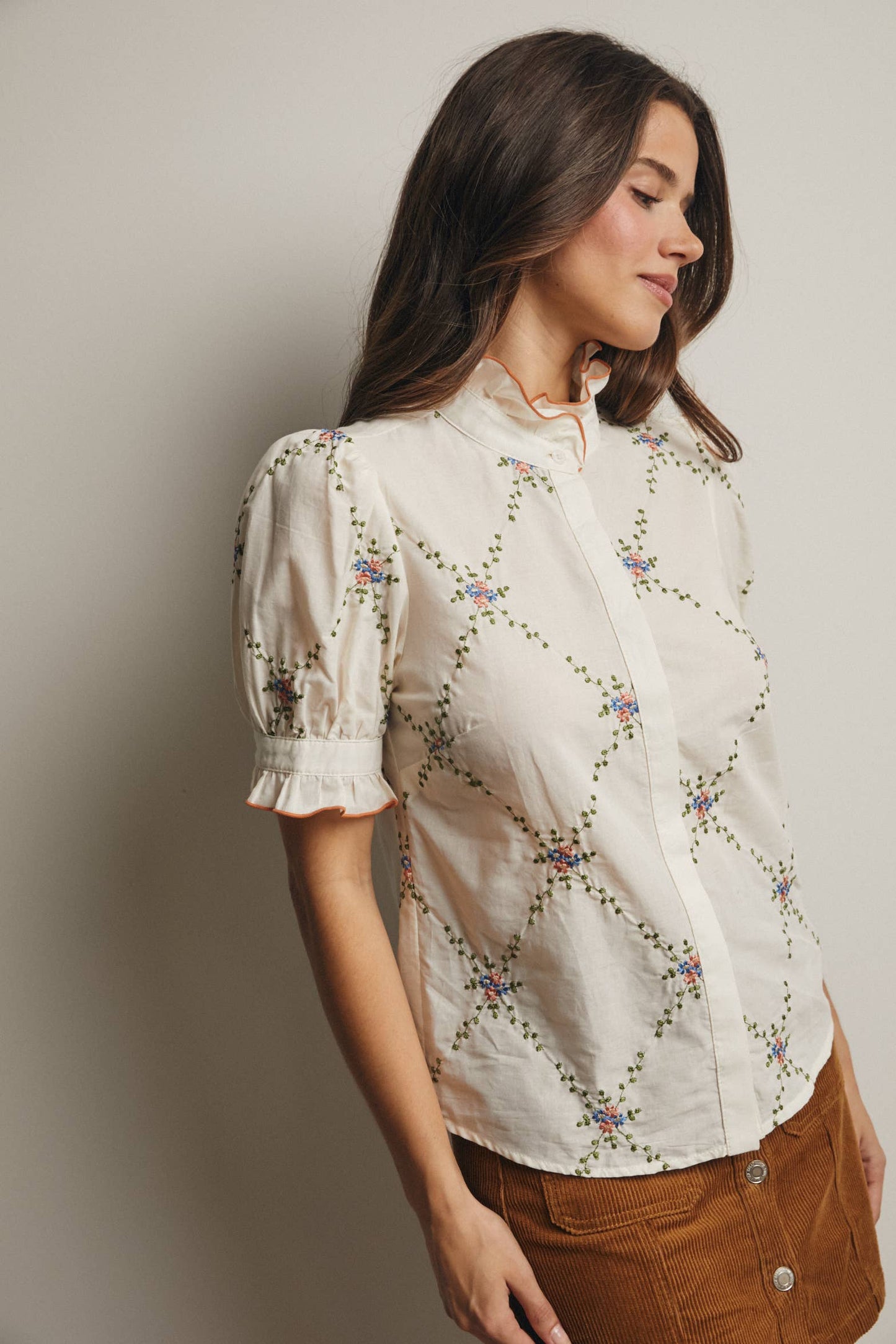 Embroidered Ruffle Collar Cotton Blouse- preorder