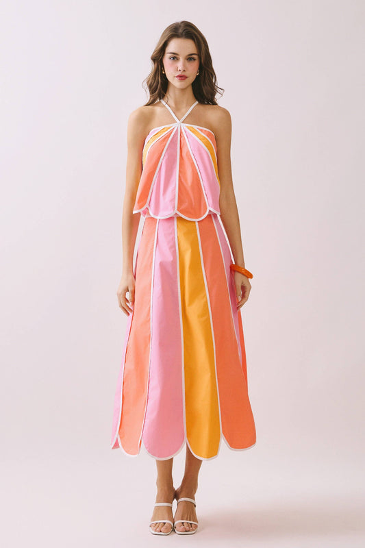 Peach Block Scalloped Edges Detail Halter set