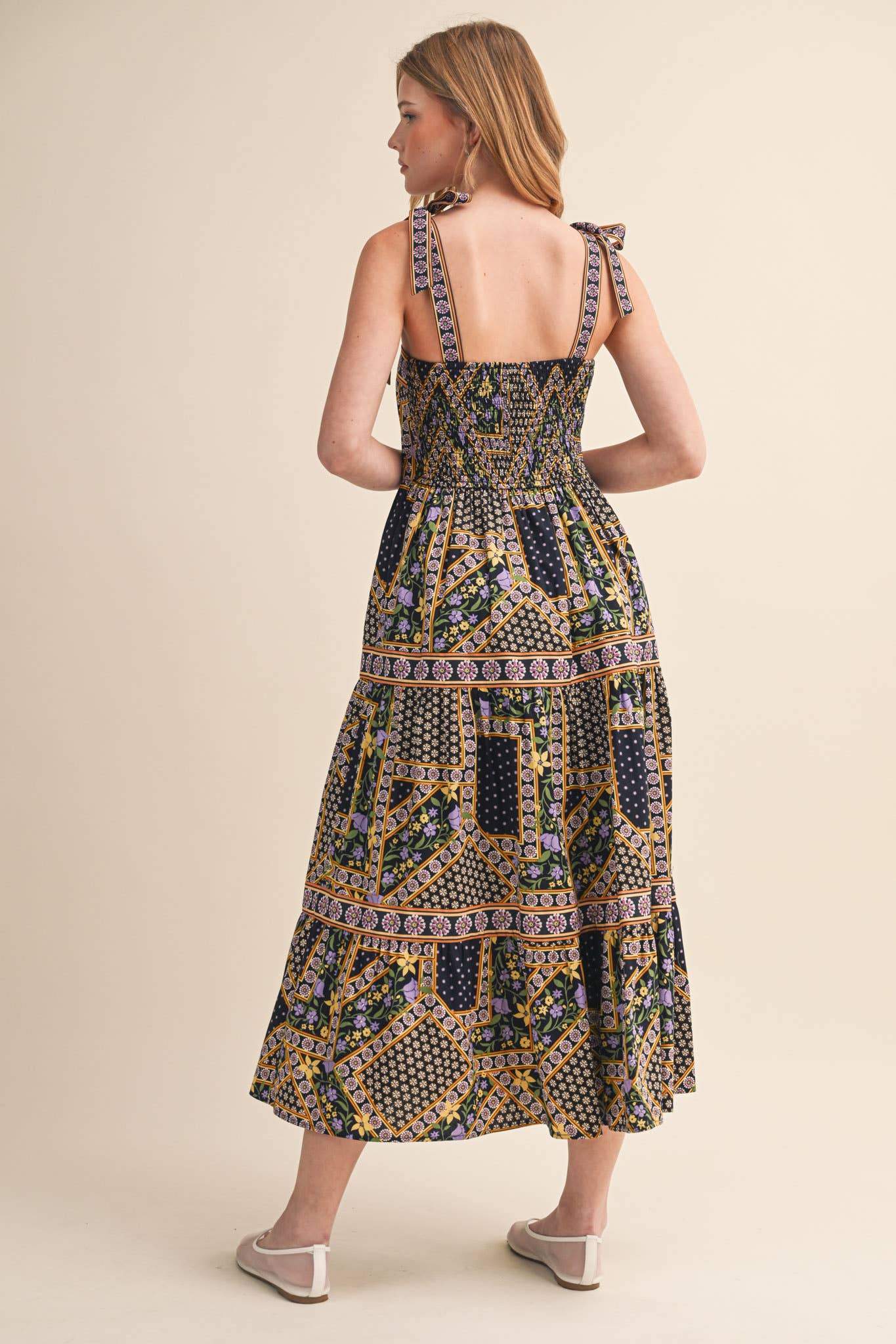 PATCHWORK TIE STRAP MIDI DRESS