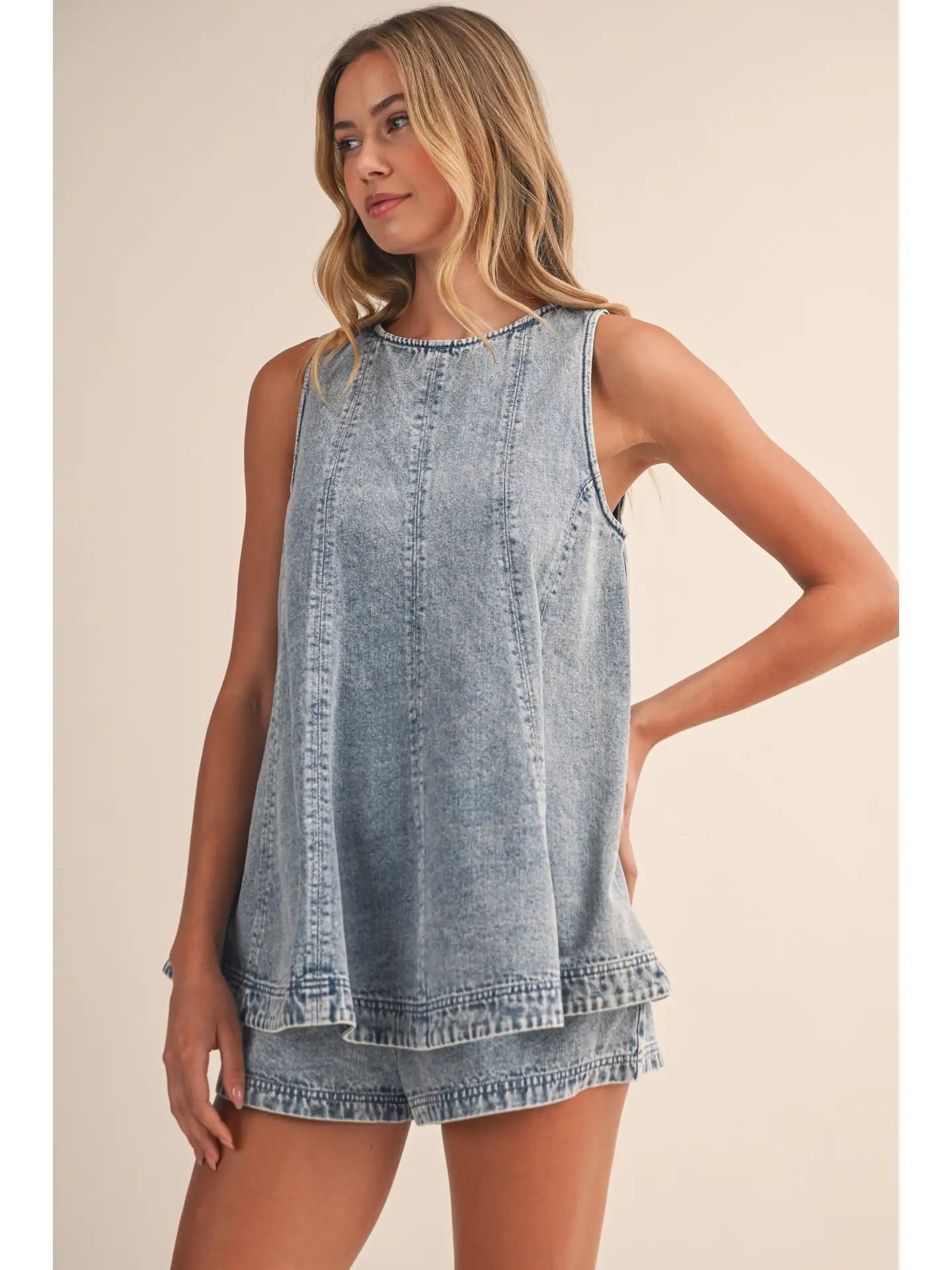 DENIM LONGLINE SLEEVELESS TOP AND SHORTS SET