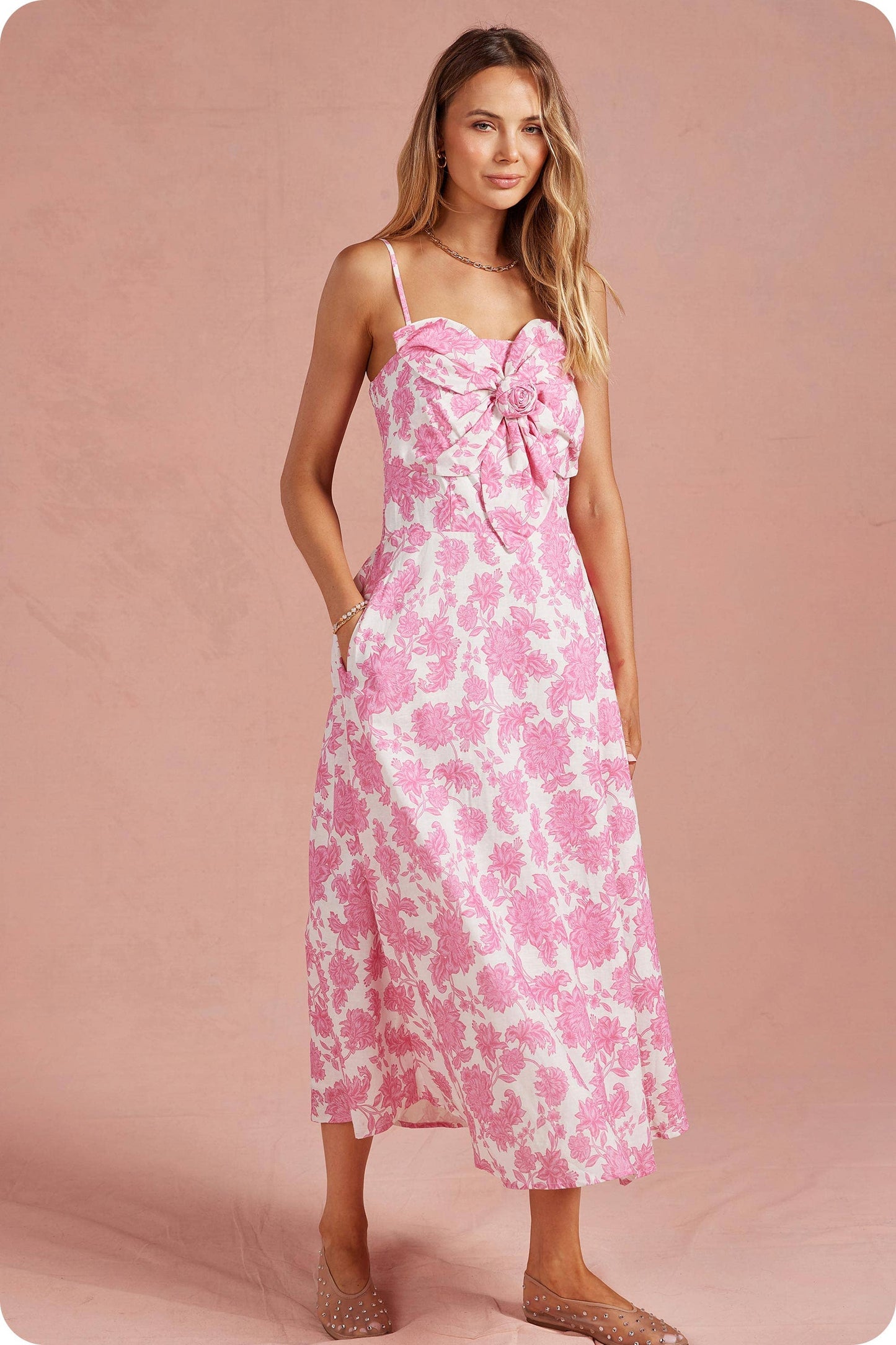 Botanical Garden Bow Flower Sleeveless Midi Dress