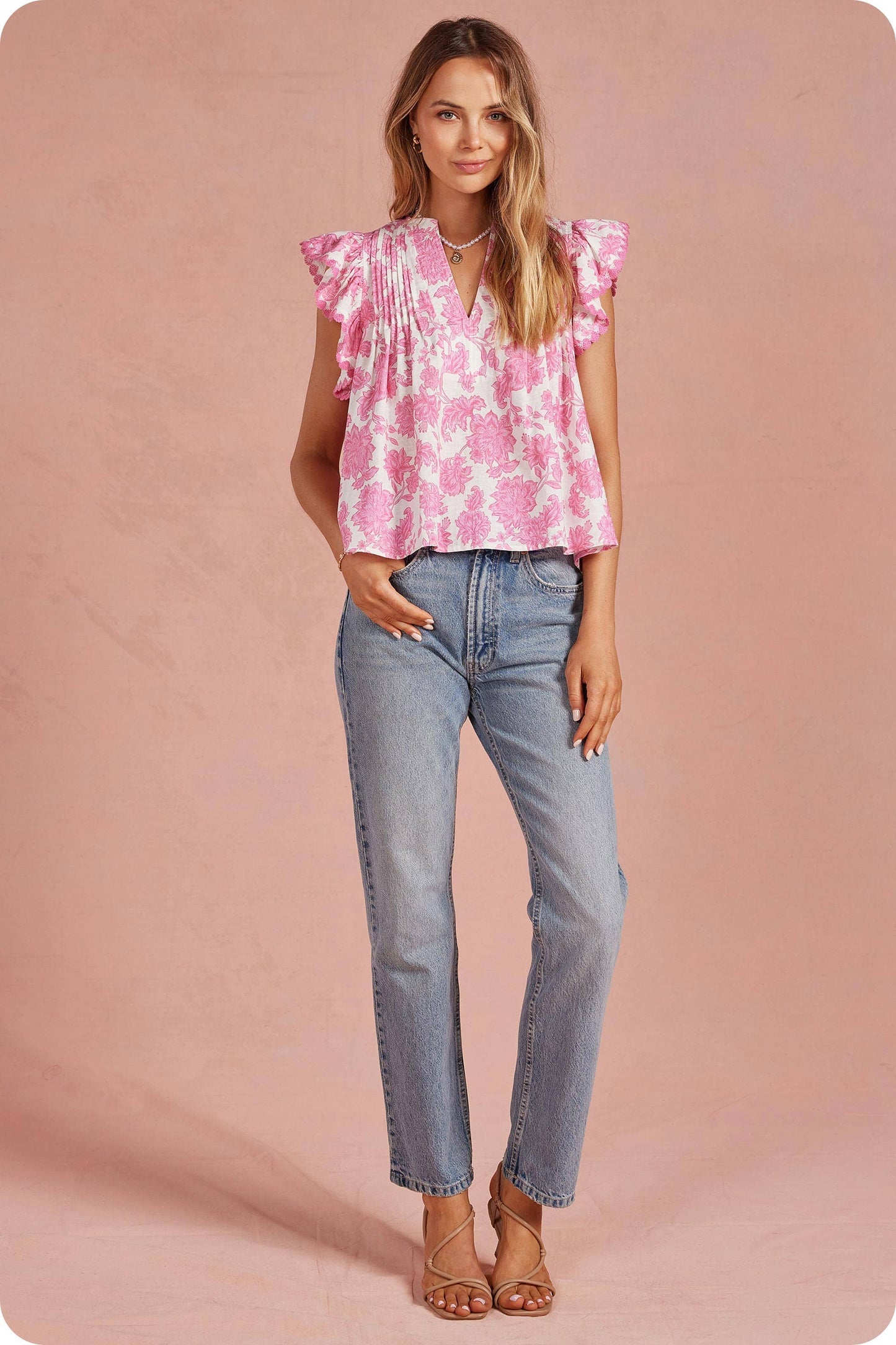 Botanical Garden Pintuck Detail Ruffle Sleeve Top