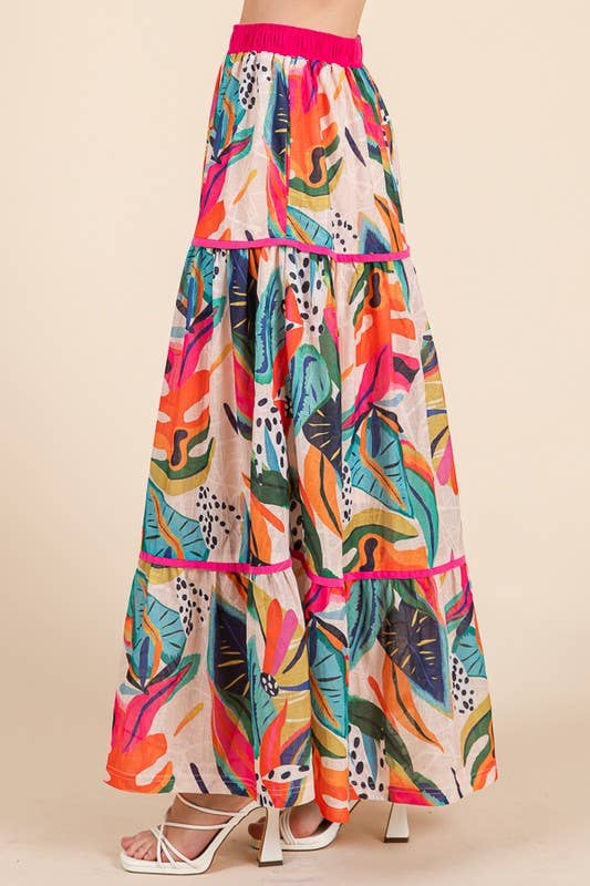 Abstract Print Tiered Maxi Skirt with Contrast Trim