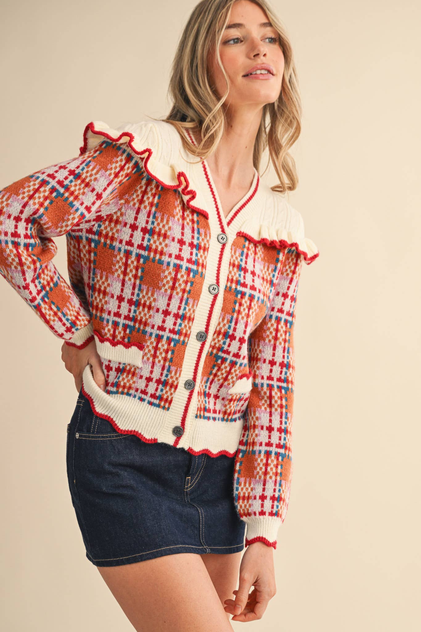 RUFFLED YOKE PLAID SWEATER CARDIGAN- Preorder