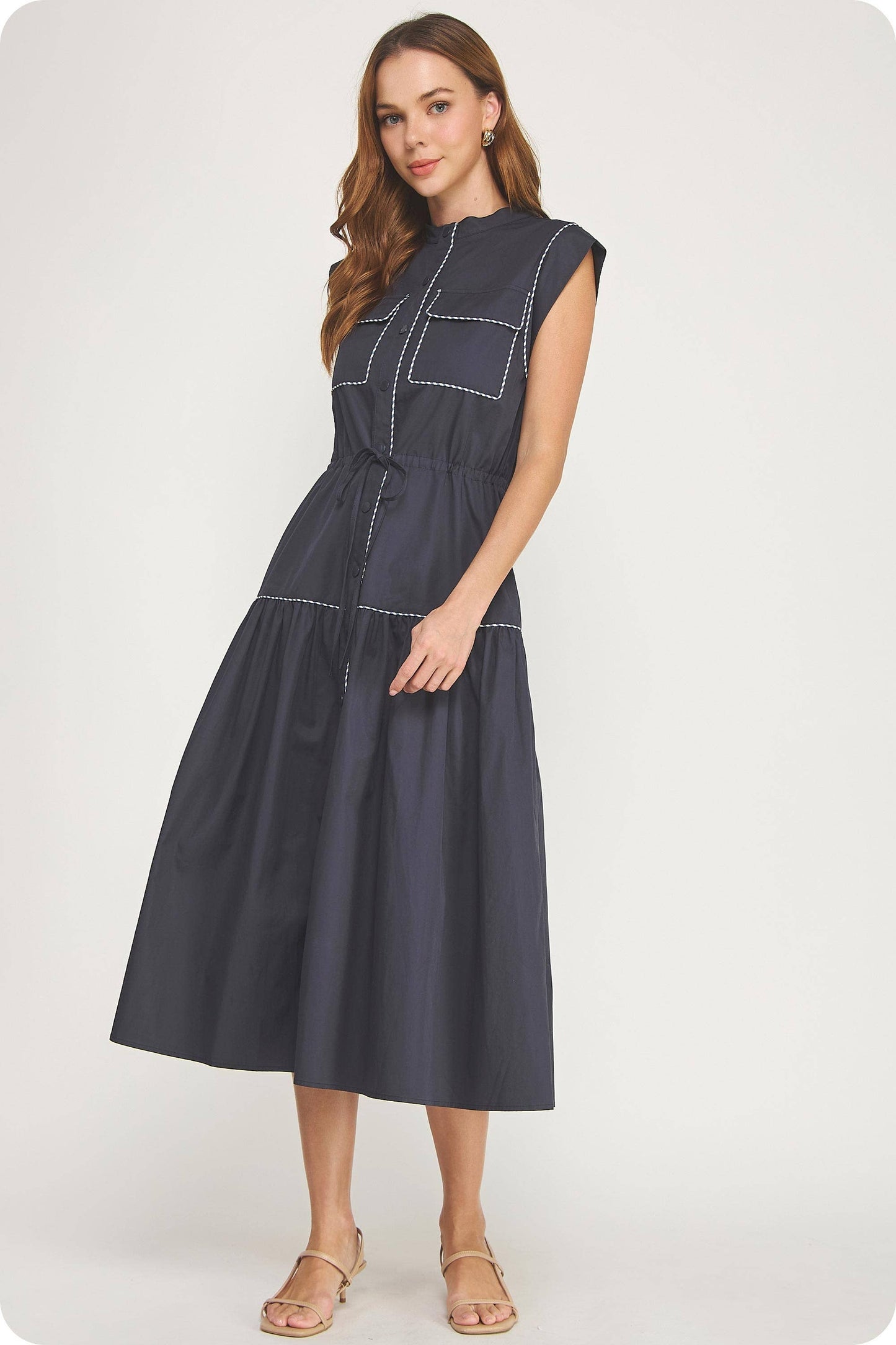 Contrast Piping Utility Midi Shirt Dress