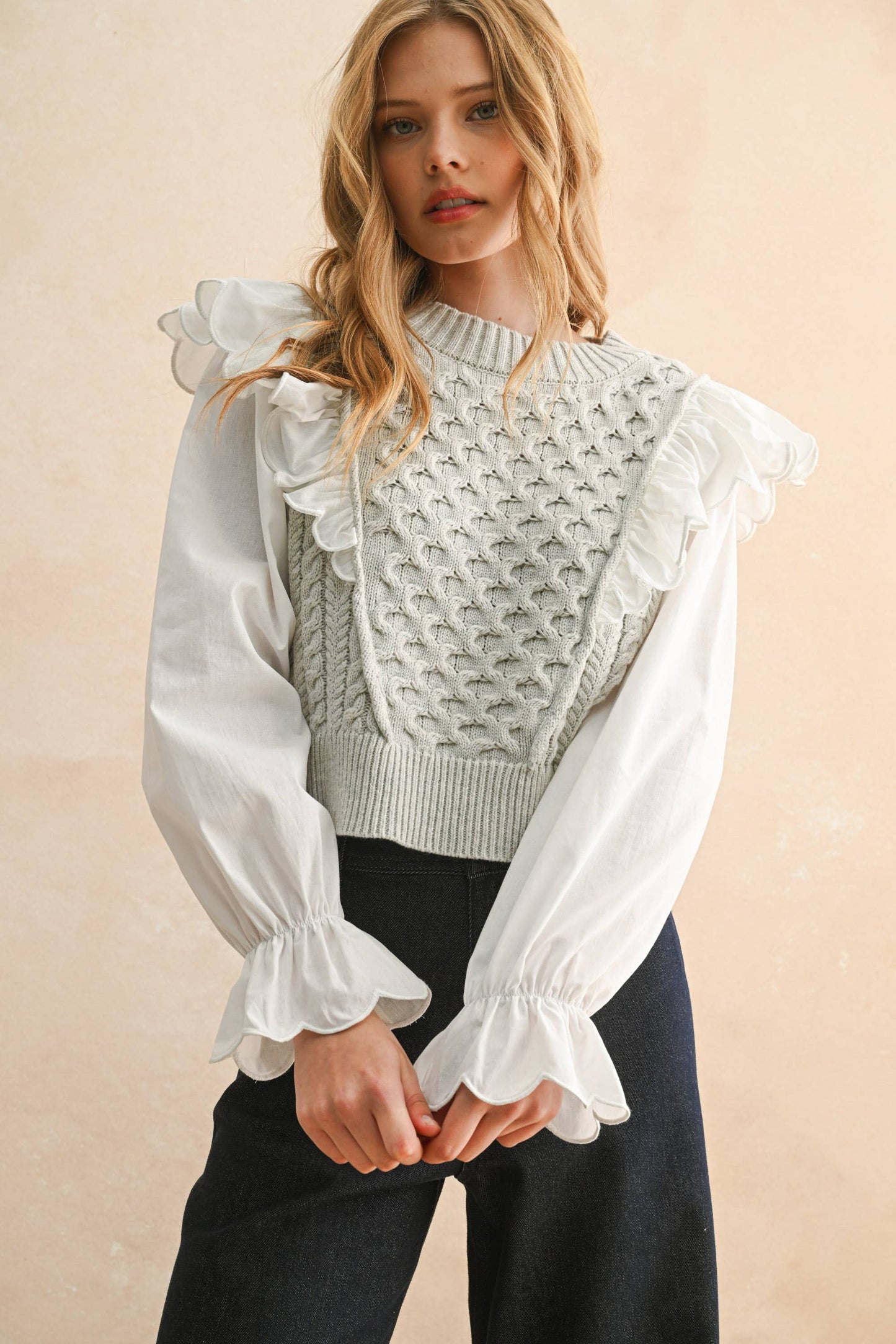 RUFFLE TRIMMED LONG SLEEVE SWEATER COMBO BLOUSE