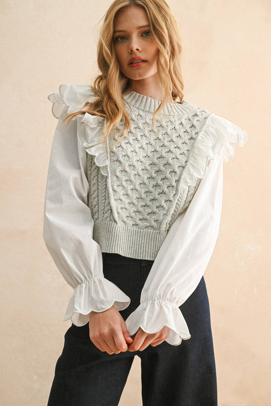 RUFFLE TRIMMED LONG SLEEVE SWEATER COMBO BLOUSE