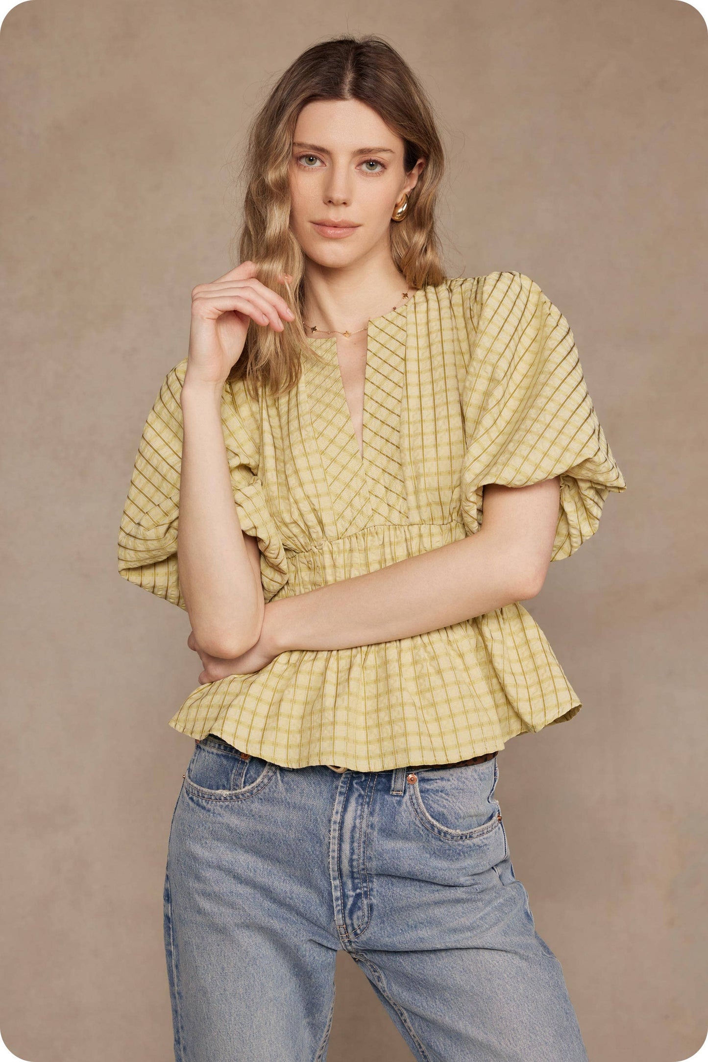 Checkered Puff Sleeve Blouse