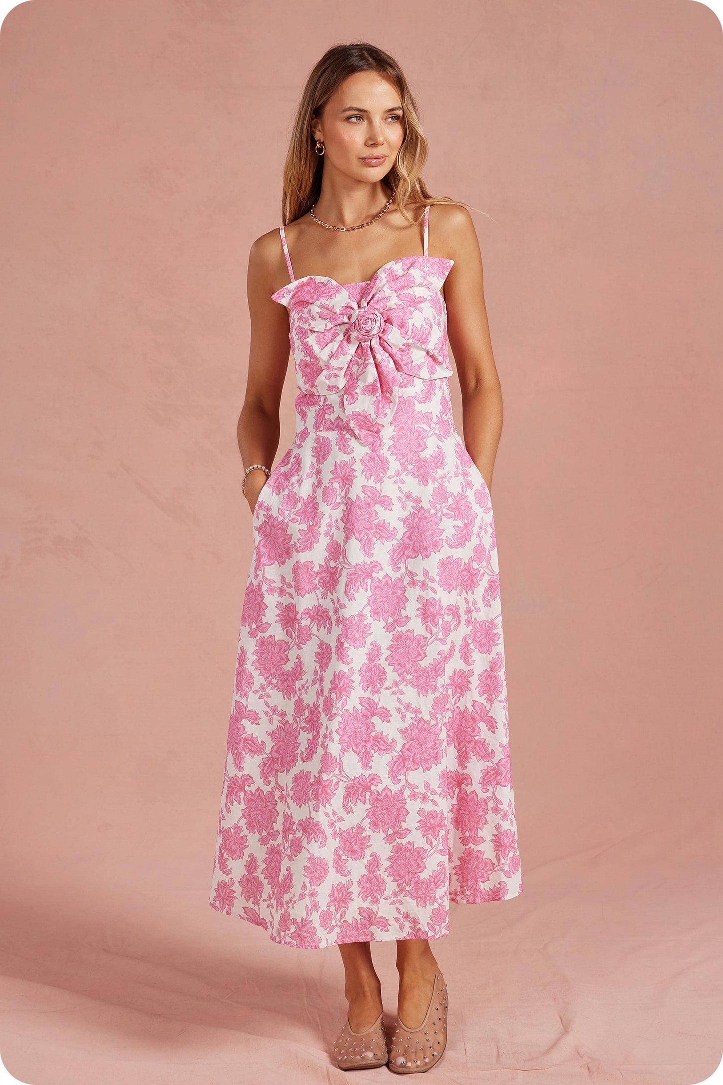 Botanical Garden Bow Flower Sleeveless Midi Dress