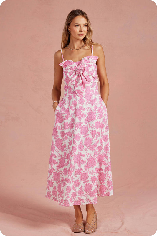 Botanical Garden Bow Flower Sleeveless Midi Dress