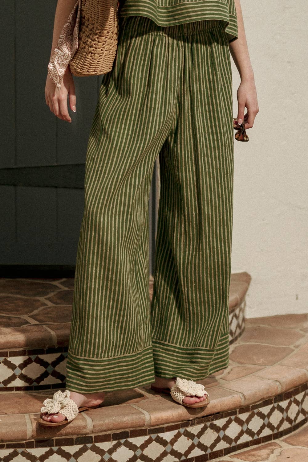 Green STRIPED PRINT STRAIGHT WIDE LEG Set