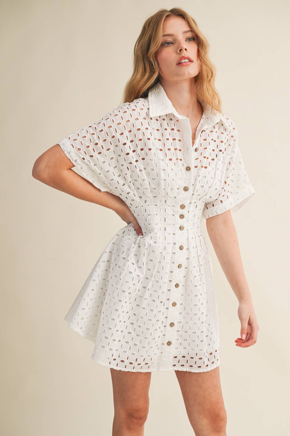 EYELET BUTTON FRONT SHIRT DRESS