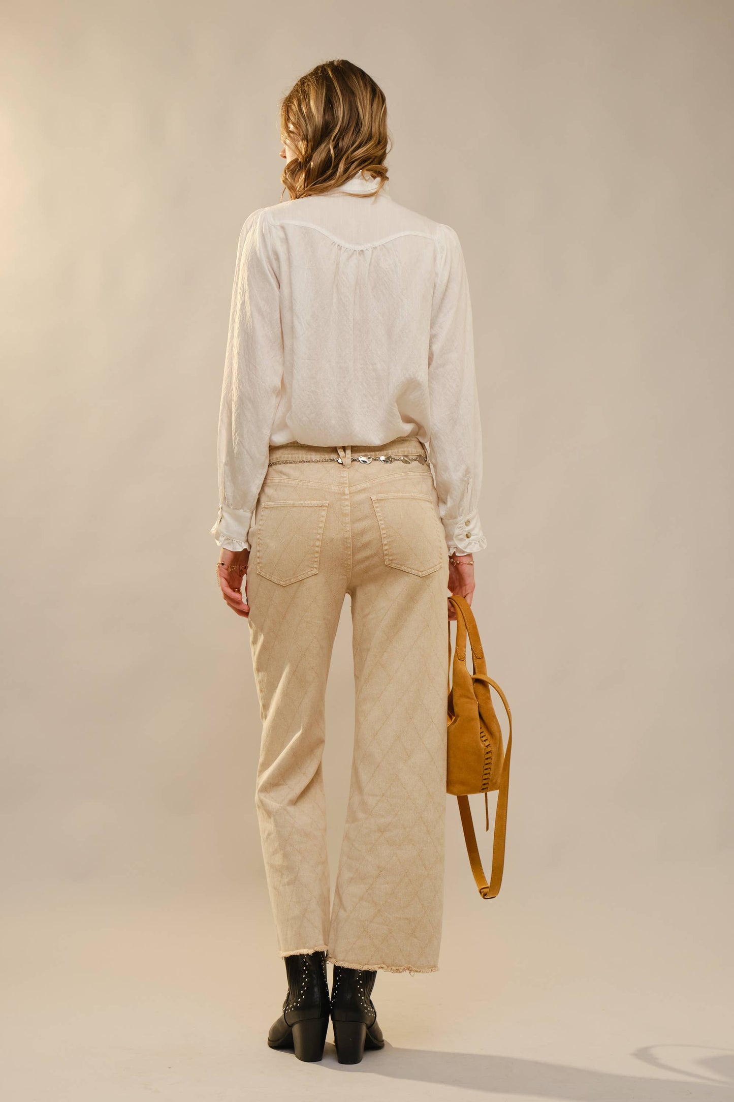 - Ruffle Neck Denim Snap Button Shirt