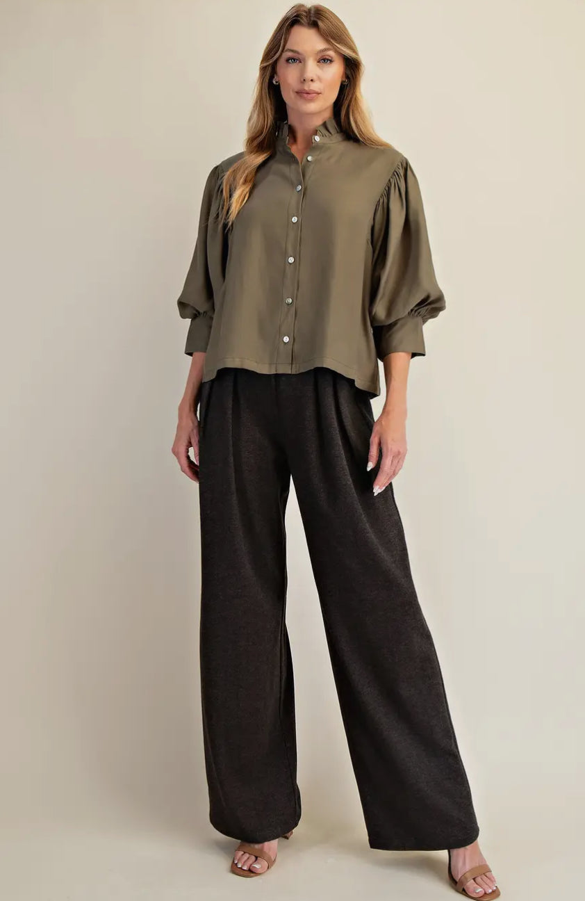 Ruffle Neck Puff Sleeve Blouse