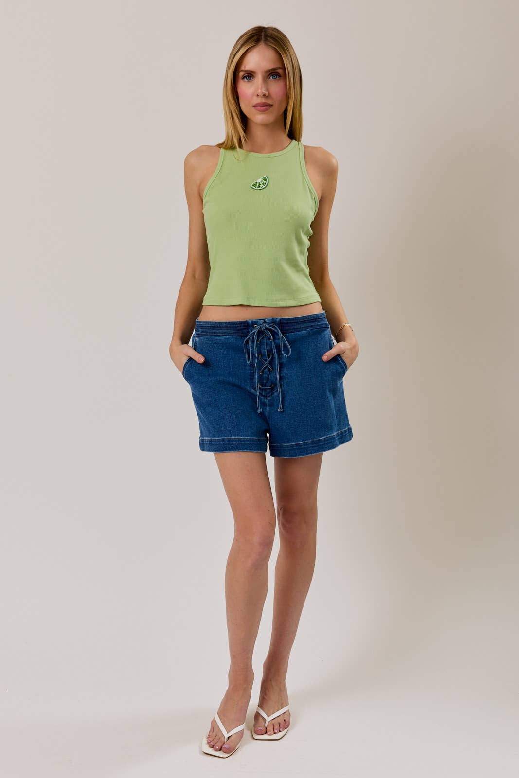 LIME BEADS RIBBED TANK TOP