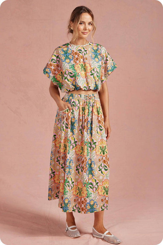 Garden Party Crochet Trim 2-piece Midi Skirt Set