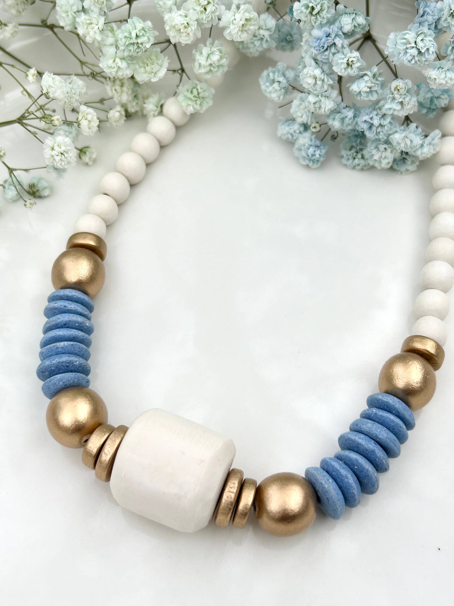 blue/ gold beaded statement necklace