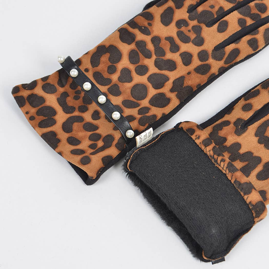 Faux Leopard Suede Gloves W Imitation Pearl