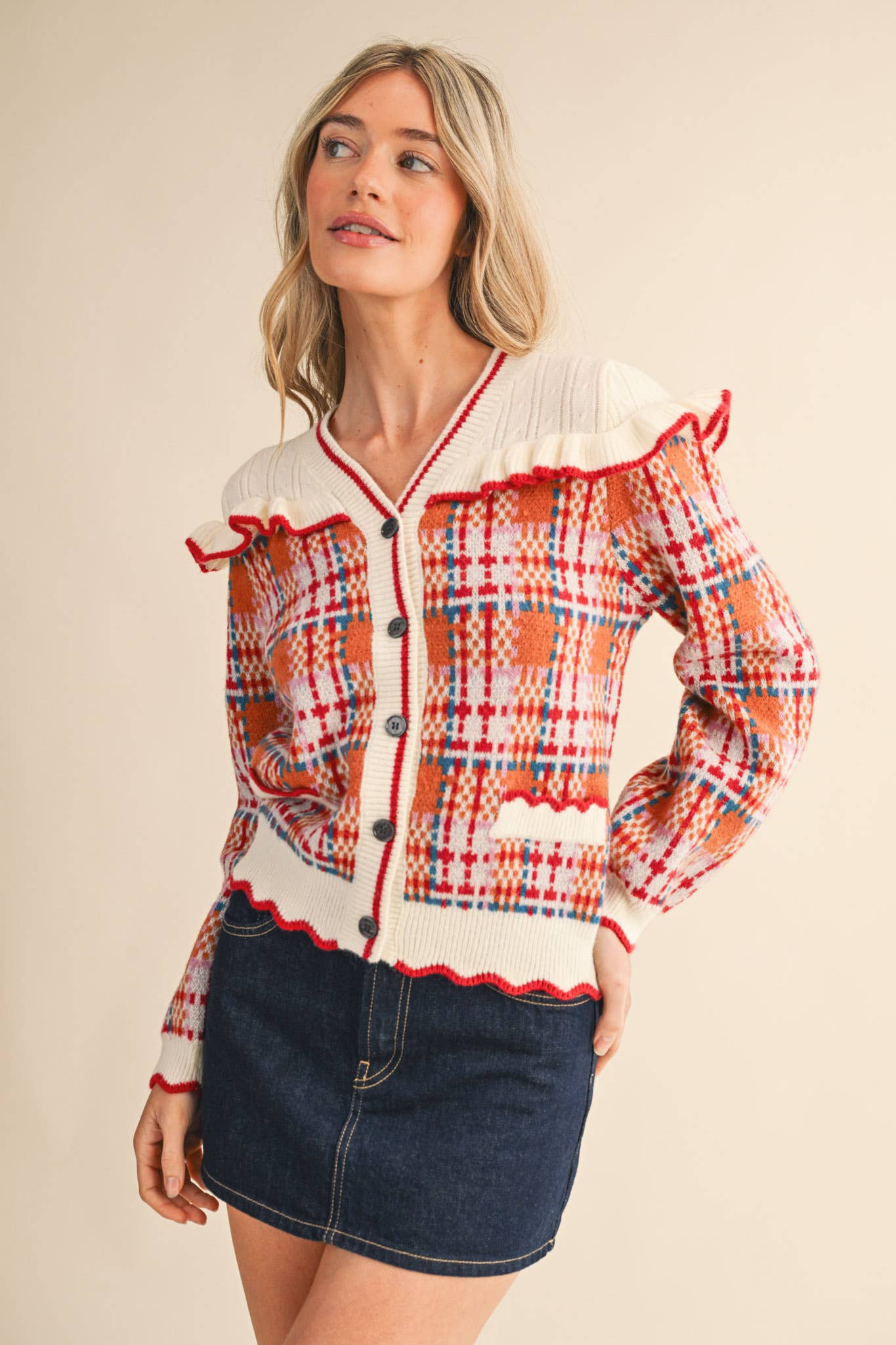 RUFFLED YOKE PLAID SWEATER CARDIGAN- Preorder