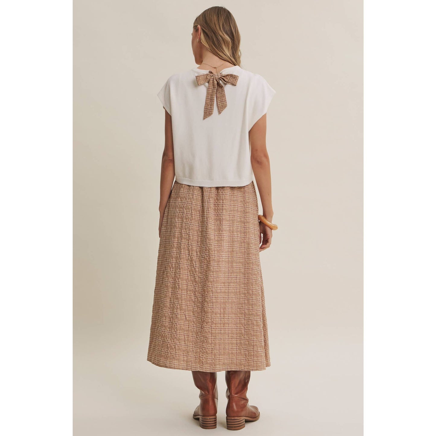 GINGHAM SWEATER MIDI DRESS