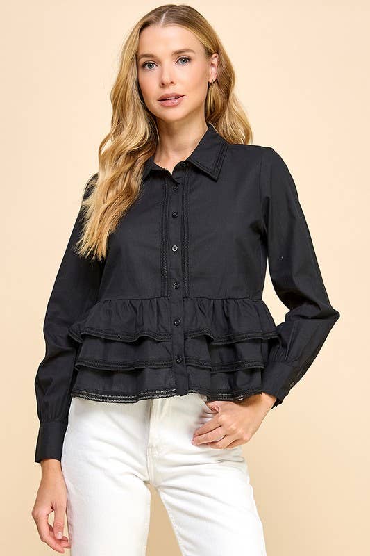 Button Up Long Sleeve Peplum Waist Top