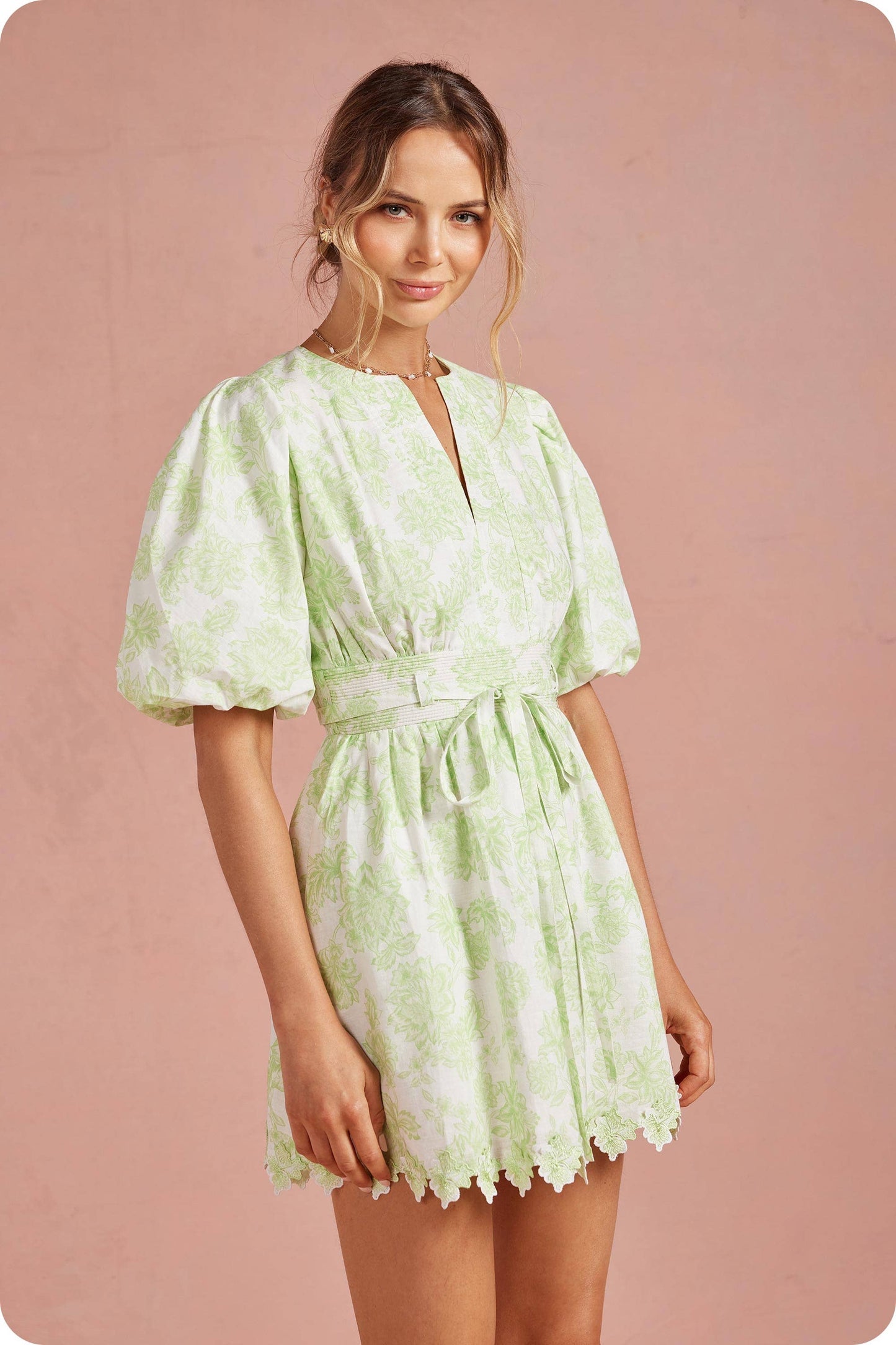 Botanical Garden Scallop Lace Puff Mini Dress