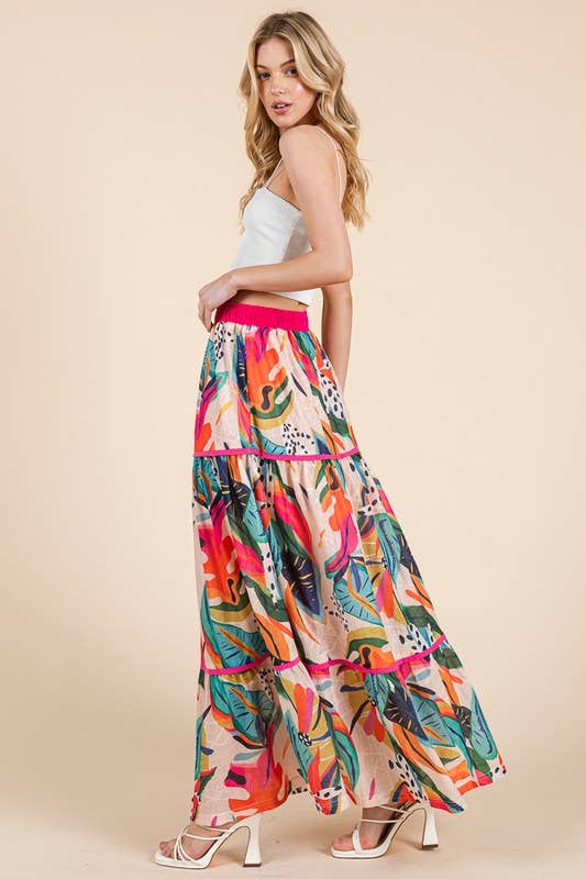 Abstract Print Tiered Maxi Skirt with Contrast Trim