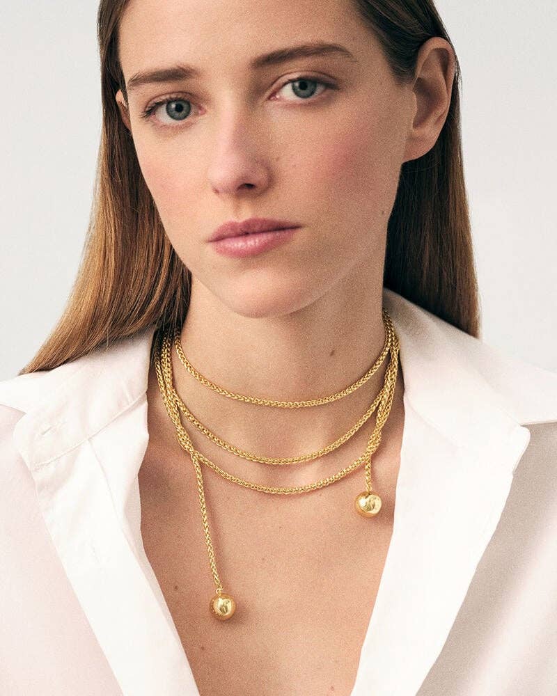 Audrey Lariat Rope Tassel Ball Chain Wrap Steel Necklace